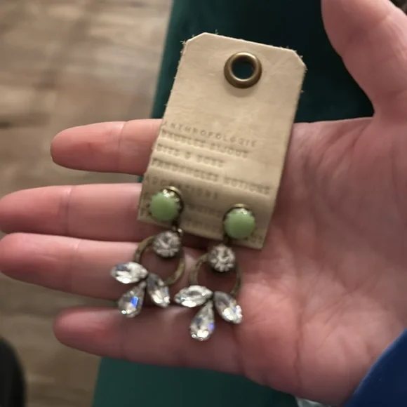 New Anthropologie aged tone pistachio rhinestone earrings mint green statement - Picture 7 of 7